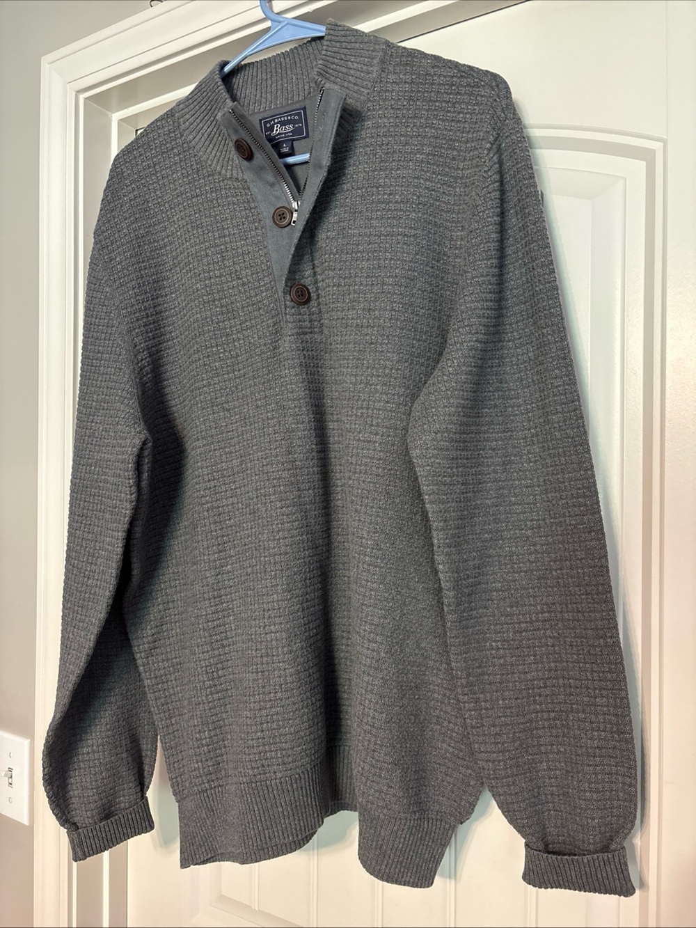 GH Bass Fisherman's Sweater Men's Large Gray Waffle Knit 1/4 Button Zip Pullover